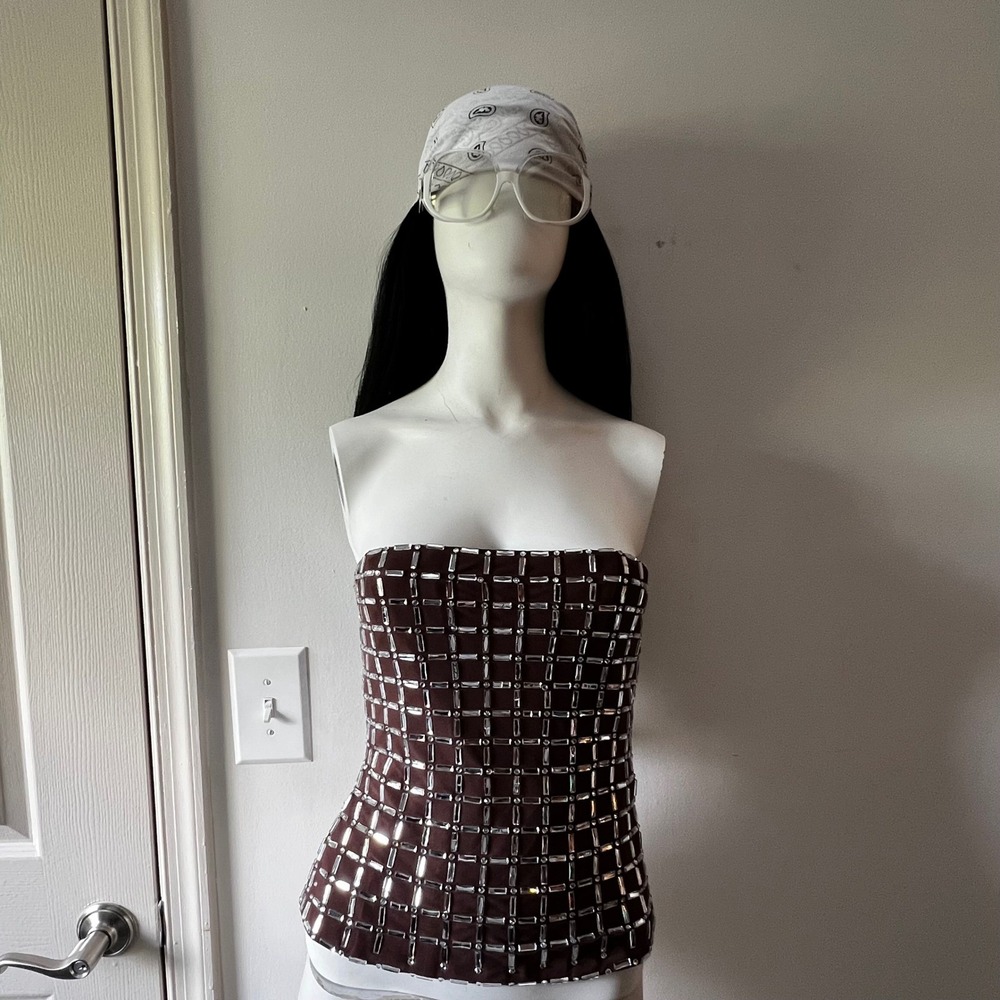 Zara NWT Brown Silver Studded Strapless Corset Bustier Y2K Going Out Club Top M